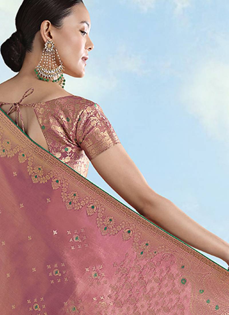 Light pink color paisley zari woven faux banarasi tissue silk saree