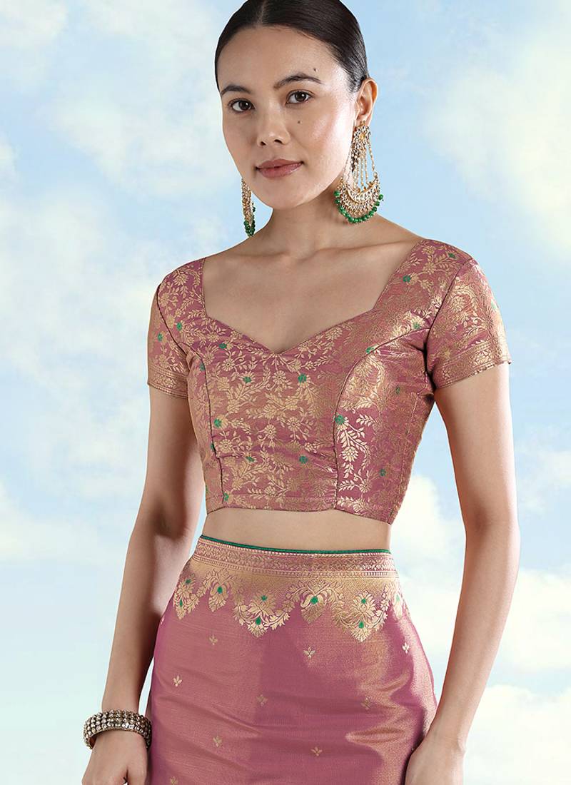 Light pink color paisley zari woven faux banarasi tissue silk saree