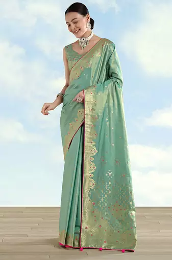 Light blue color paisley zari woven faux banarasi tissue silk saree