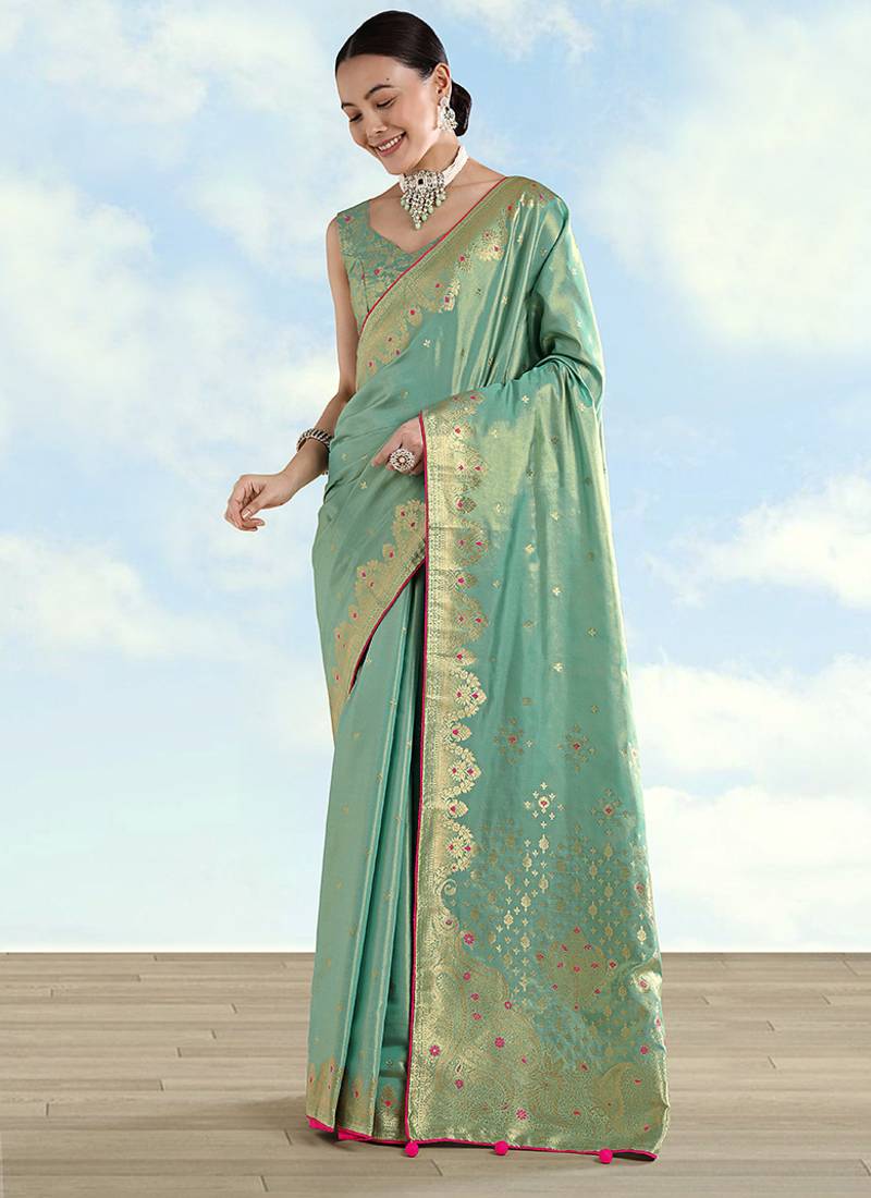 Light blue color paisley zari woven faux banarasi tissue silk saree