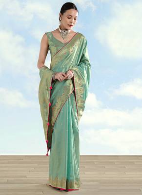 Light blue color paisley zari woven faux banarasi tissue silk blend saree 2