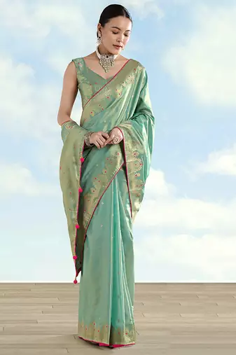 Light blue color paisley zari woven faux banarasi tissue silk blend saree