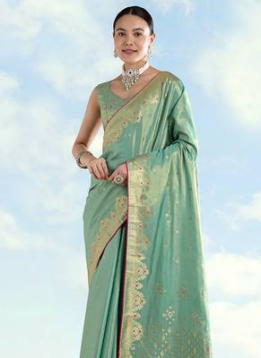 Light blue color paisley zari woven faux banarasi tissue silk blend saree 3
