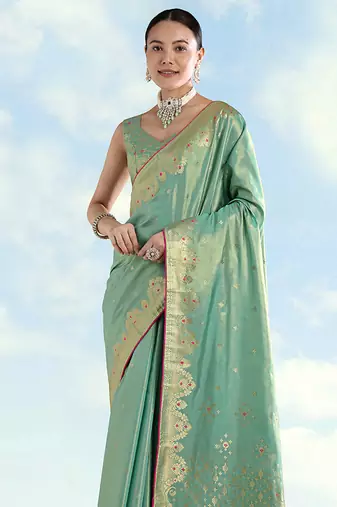 Light blue color paisley zari woven faux banarasi tissue silk blend saree