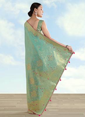 Light blue color paisley zari woven faux banarasi tissue silk blend saree 4