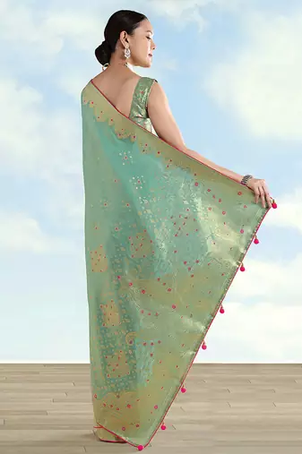 Light blue color paisley zari woven faux banarasi tissue silk blend saree