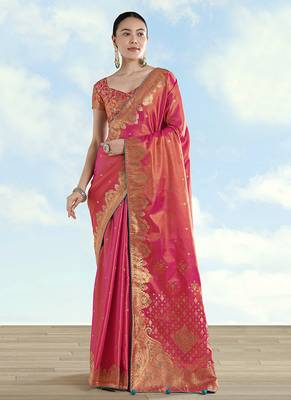 Red color paisley zari woven faux banarasi tissue silk blend saree 1