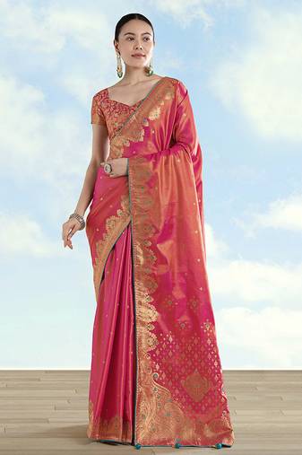 Red color paisley zari woven faux banarasi tissue silk saree