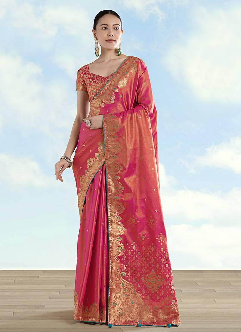 Red color paisley zari woven faux banarasi tissue silk saree