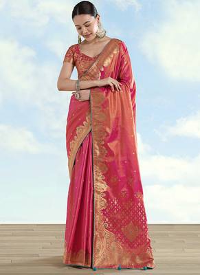 Red color paisley zari woven faux banarasi tissue silk blend saree 2