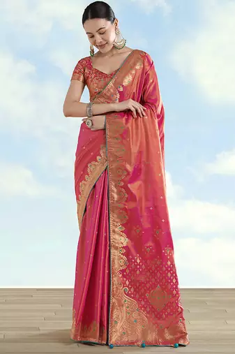 Red color paisley zari woven faux banarasi tissue silk blend saree
