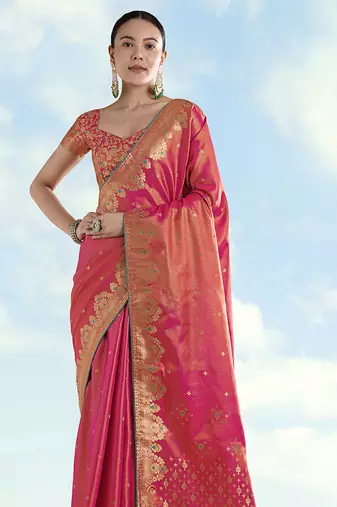 Red color paisley zari woven faux banarasi tissue silk blend saree