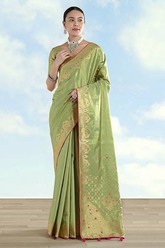 Parrot green color paisley zari woven faux banarasi tissue silksaree
