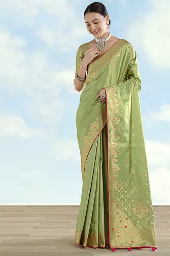 Parrot green color paisley zari woven faux banarasi tissue silk blendsaree