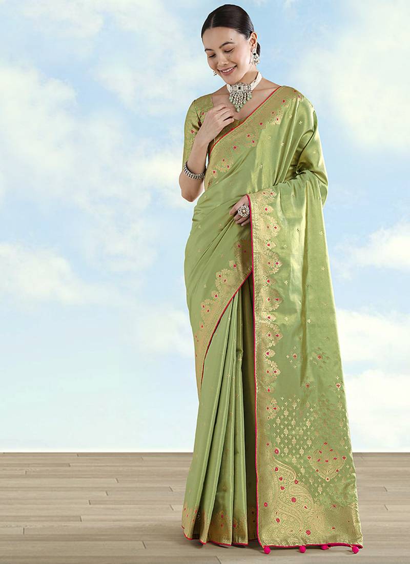 Parrot green color paisley zari woven faux banarasi tissue silksaree
