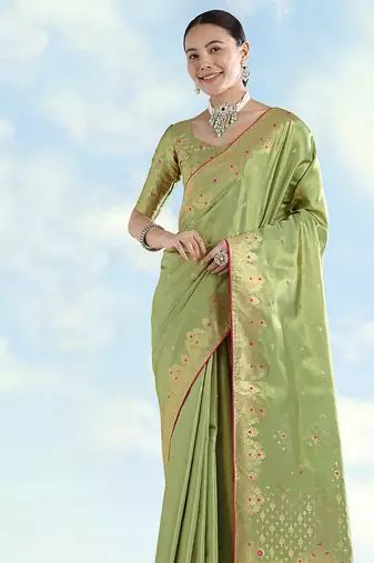 Parrot green color paisley zari woven faux banarasi tissue silk blendsaree