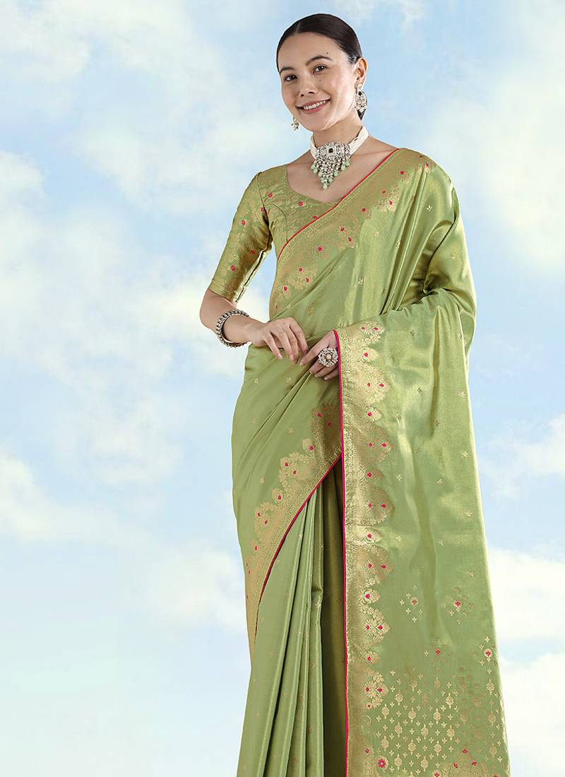 Parrot green color paisley zari woven faux banarasi tissue silksaree