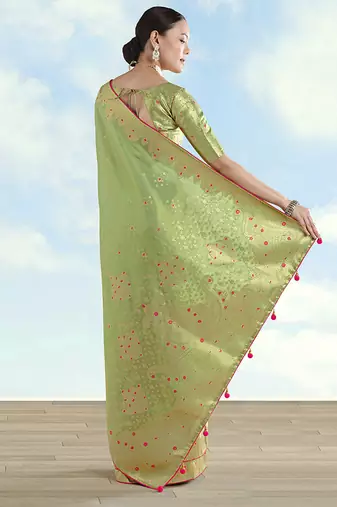 Parrot green color paisley zari woven faux banarasi tissue silk blendsaree