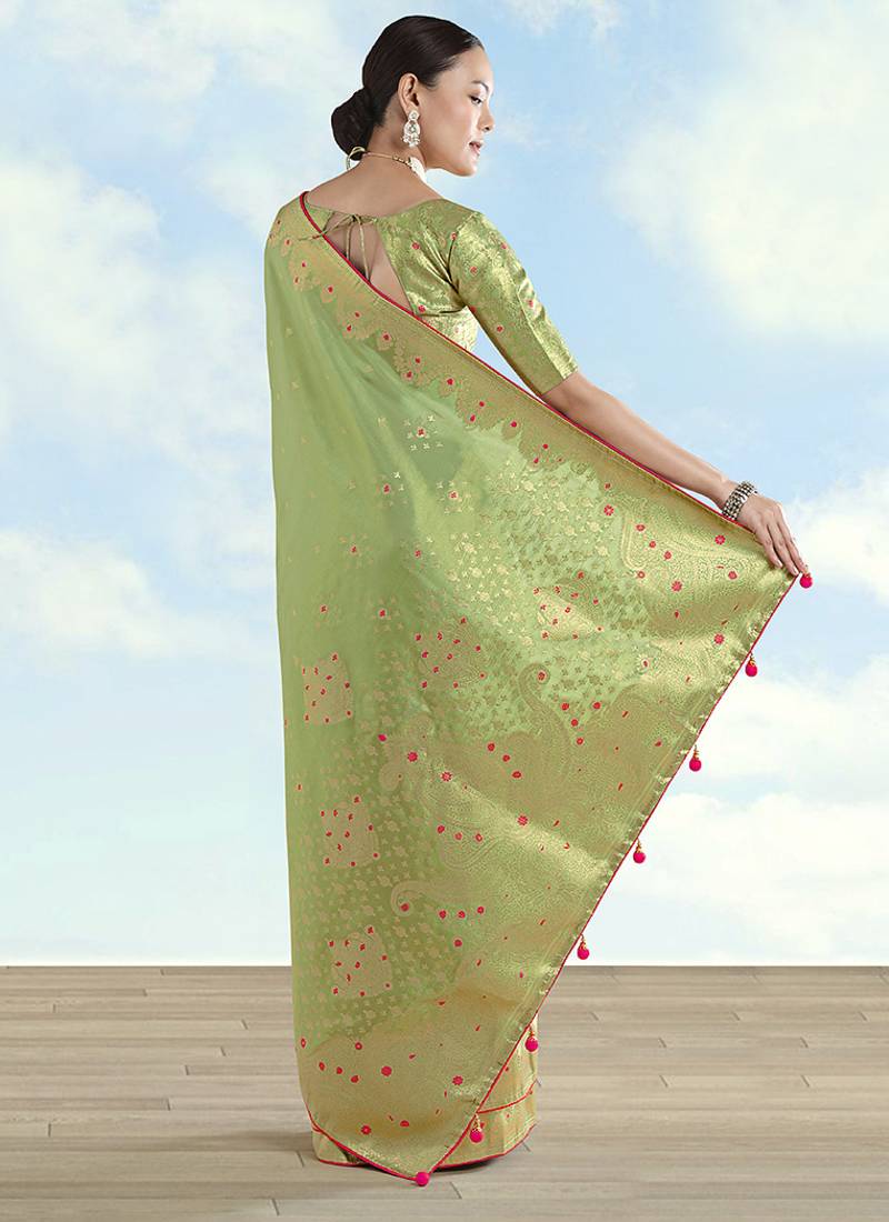 Parrot green color paisley zari woven faux banarasi tissue silksaree