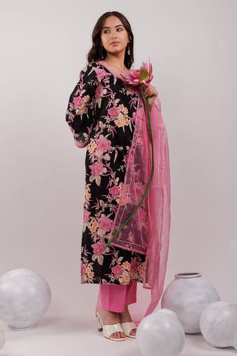 black floral print cotton straight kurta trouser with dupatta set