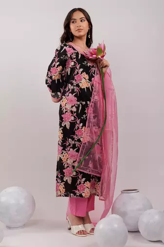 Yufta black floral print cotton straight kurta trouser with dupatta set