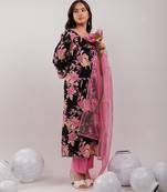 black floral print cotton straight kurta trouser with dupatta set