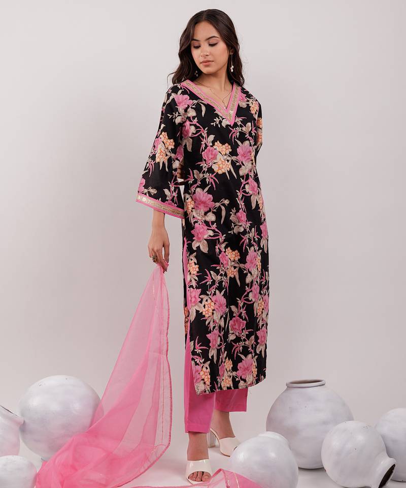 black floral print cotton straight kurta trouser with dupatta set