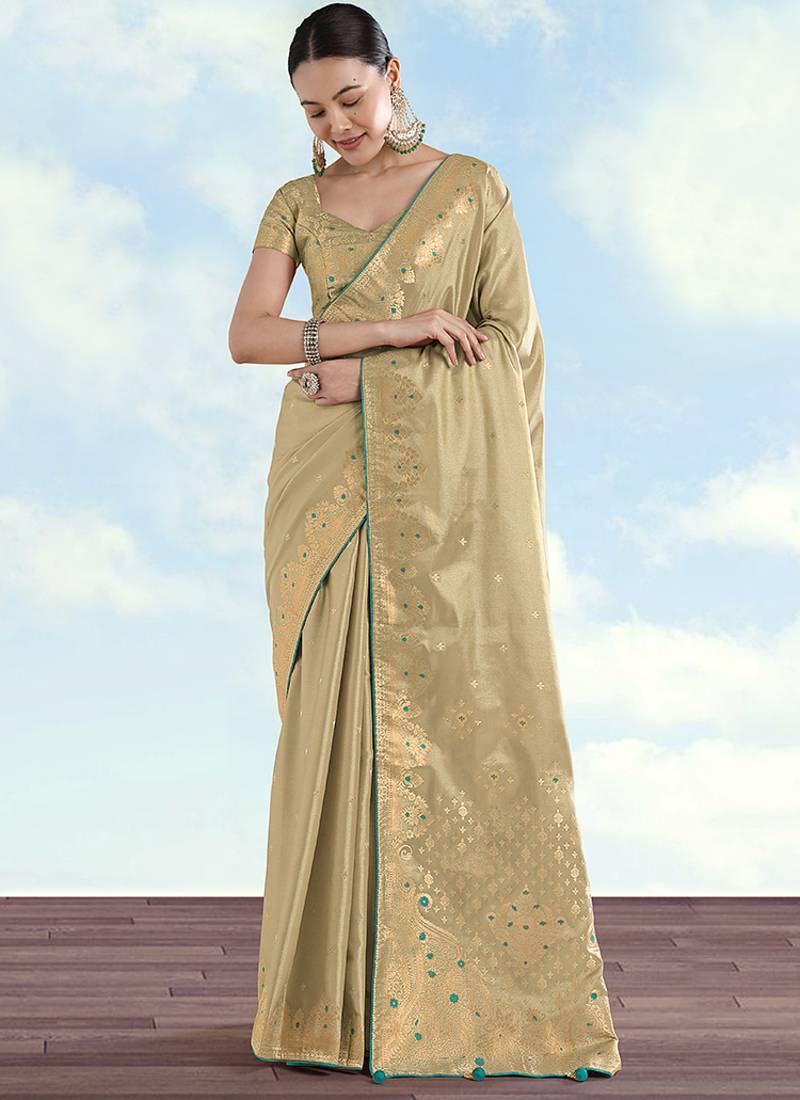 Cream color paisley zari woven faux banarasi tissue silk saree