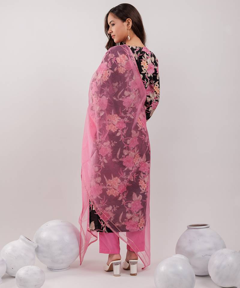 black floral print cotton straight kurta trouser with dupatta set