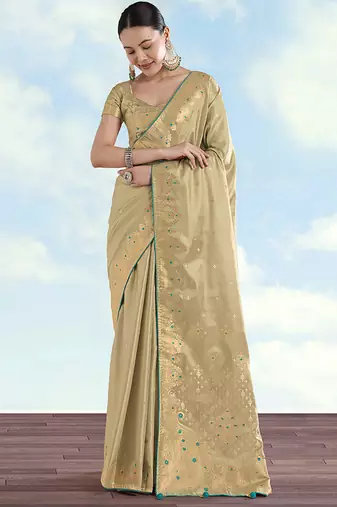 Cream color paisley zari woven faux banarasi tissue silk blend saree