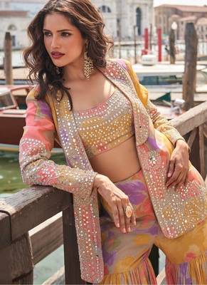 Peach chinon silk indowestern crop top, gharara and shrug set free size full stitched upto 42 2