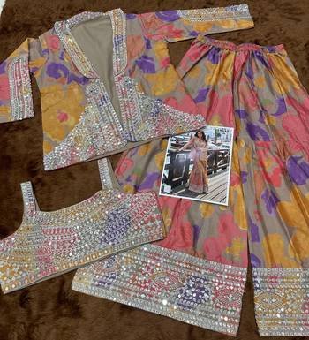 Peach chinon silk indowestern crop top, gharara and shrug set free size full stitched upto 42 3