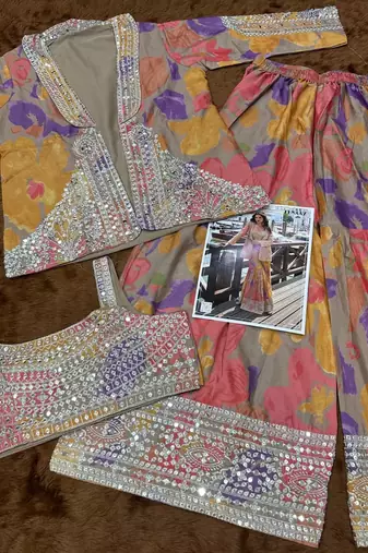 Peach chinon silk indowestern crop top, gharara and shrug set free size full stitched upto 42