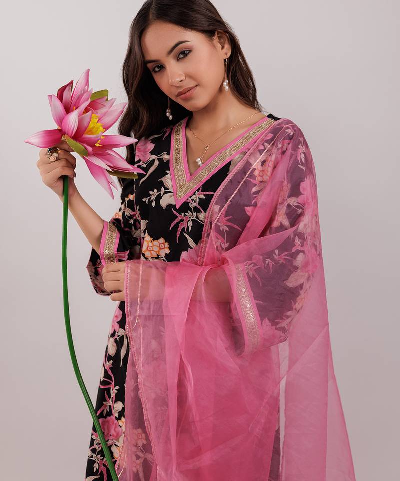 black floral print cotton straight kurta trouser with dupatta set