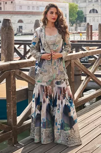 Blue chinon silk indowestern crop top, gharara and shrug set free size full stitched upto 42