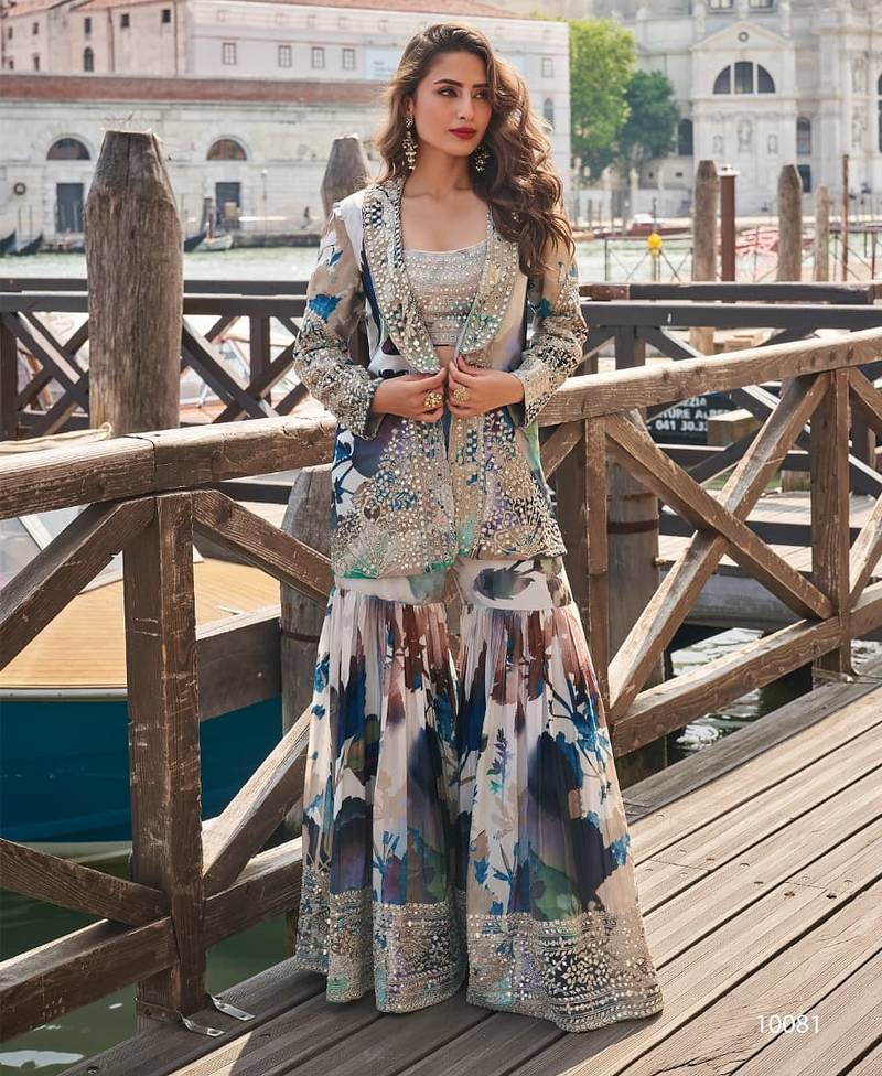 Blue chinon silk indowestern crop top, gharara and shrug set free size full stitched upto 42