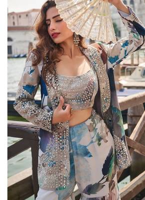Blue chinon silk indowestern crop top, gharara and shrug set free size full stitched upto 42 2