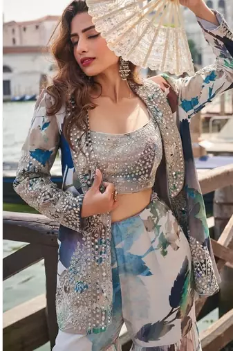 Blue chinon silk indowestern crop top, gharara and shrug set free size full stitched upto 42