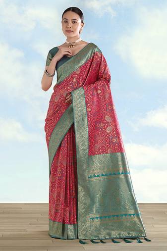 Rani pink faux banarasi silk saree with traditional paisley weaves