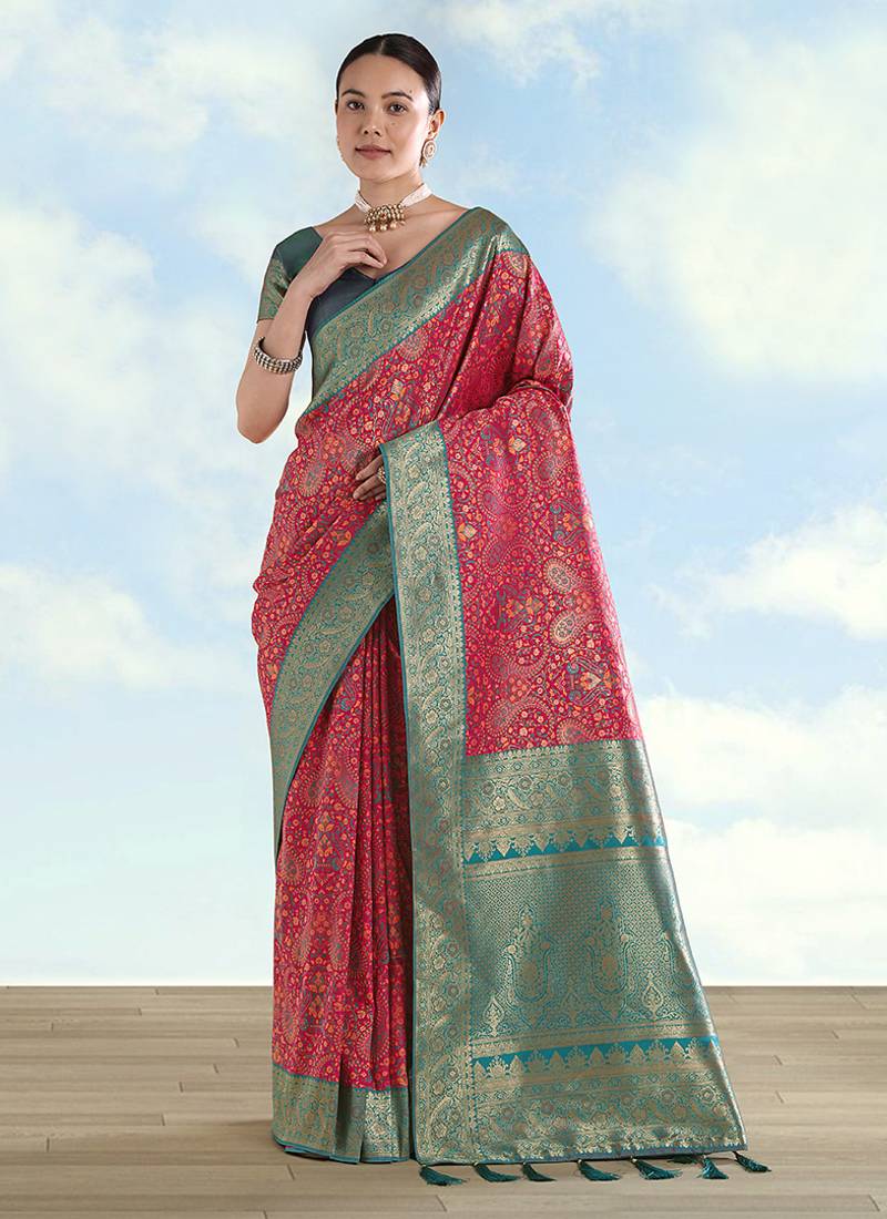 Rani pink faux banarasi silk saree with traditional paisley weaves
