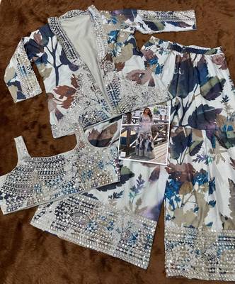 Blue chinon silk indowestern crop top, gharara and shrug set free size full stitched upto 42 3