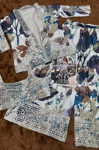 Blue chinon silk indowestern crop top, gharara and shrug set free size full stitched upto 42