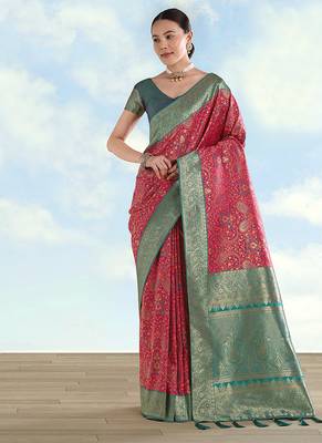 Rani pink faux banarasi silk blend saree with traditional paisley weaves 2