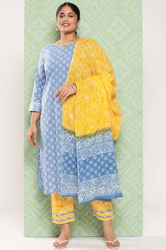 women blue yellow ethnic motifs pure cotton kurta with palazzo dupatta