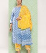 women blue yellow ethnic motifs pure cotton kurta with palazzo dupatta