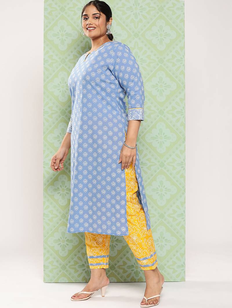 women blue yellow ethnic motifs pure cotton kurta with palazzo dupatta