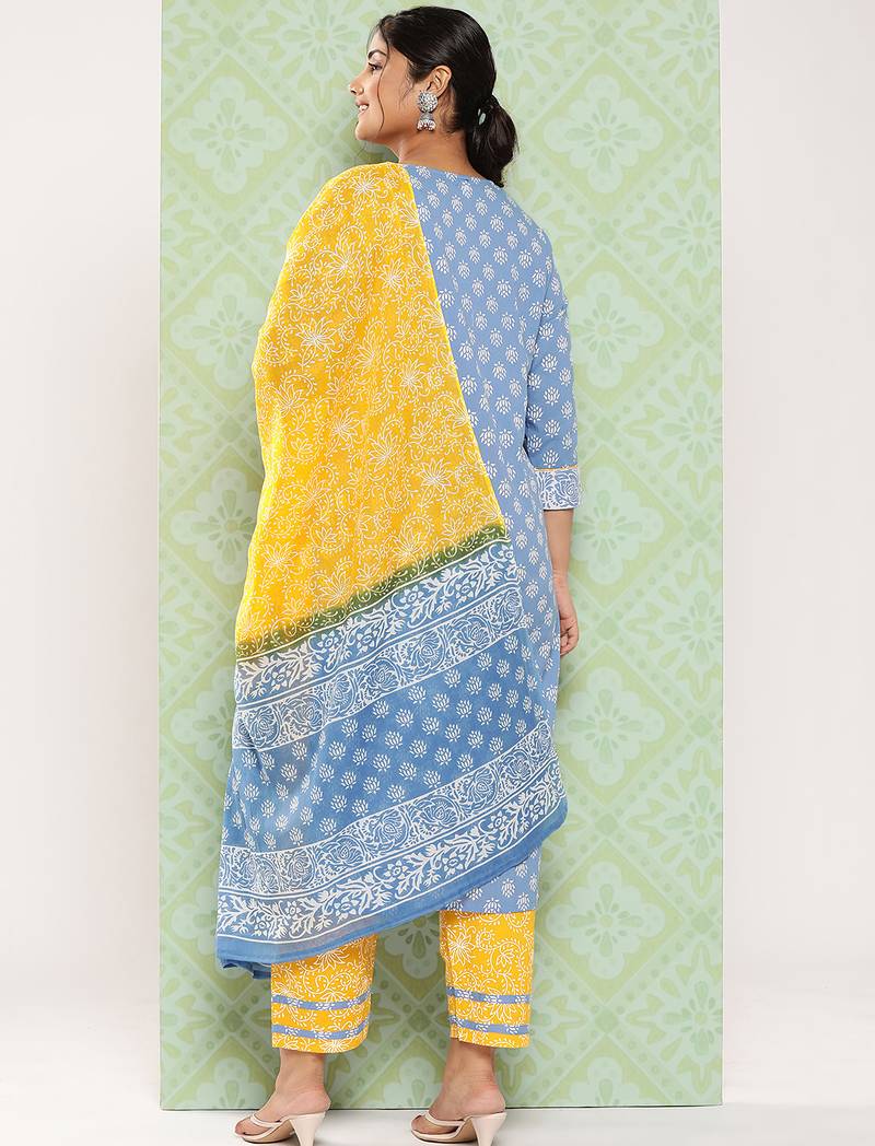 women blue yellow ethnic motifs pure cotton kurta with palazzo dupatta