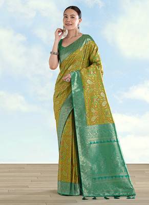 Lemon green faux banarasi silk blend saree with traditional paisley weaves 1
