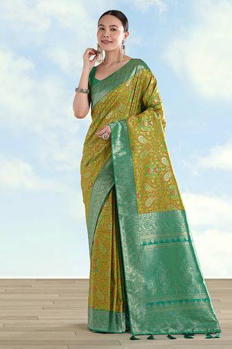 Lemon green faux banarasi silk saree with traditional paisley weaves