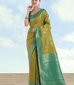 Lemon green faux banarasi silk saree with traditional paisley weaves